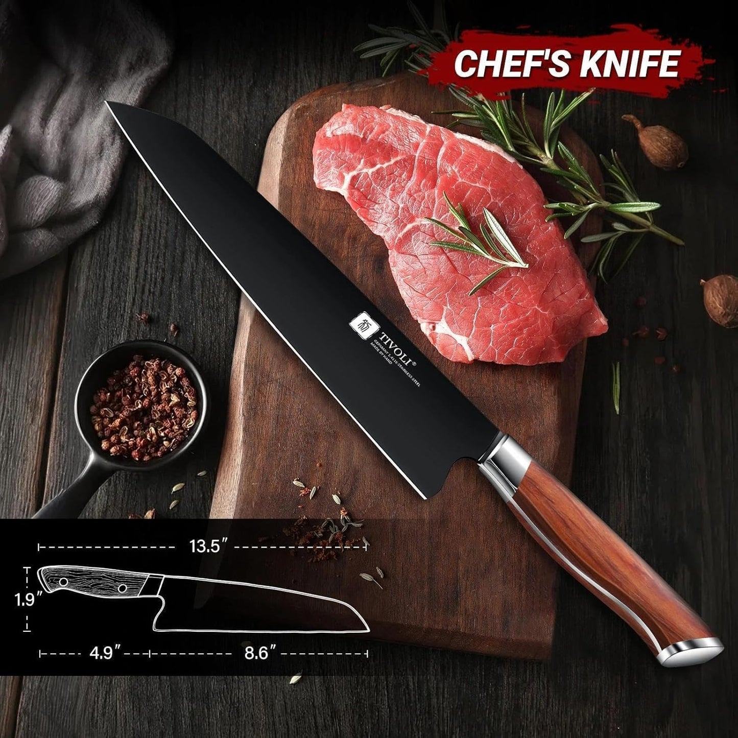 TIVOLI Chef Knife, 8 Inch Professional Cooking Knife, High Carbon Steel Ultra Sharp Deep Cutting Knife with Full Tang Ergonomic Wood Handle, Gift for Men Women Christmas