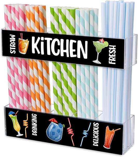 Acrylic Straw Holder for Cabinet Door or Countertop - Clear Organizer & Dispenser with 3 Sets of Decorative Stickers for Reusable Straws, Space-Saving Kitchen Storage, Pantry Organizer