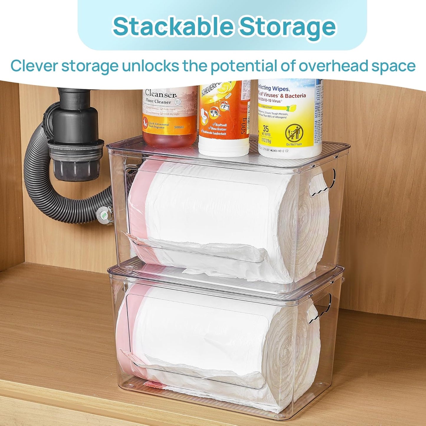 Vtopmart 1 Pack Trash Bag Holder, Stackable Garbage Bag Dispenser for 13/30/33 Gallon Bags, Clear Organizer Bins for Under Kitchen Sink, Laundry Room Organization and Storage