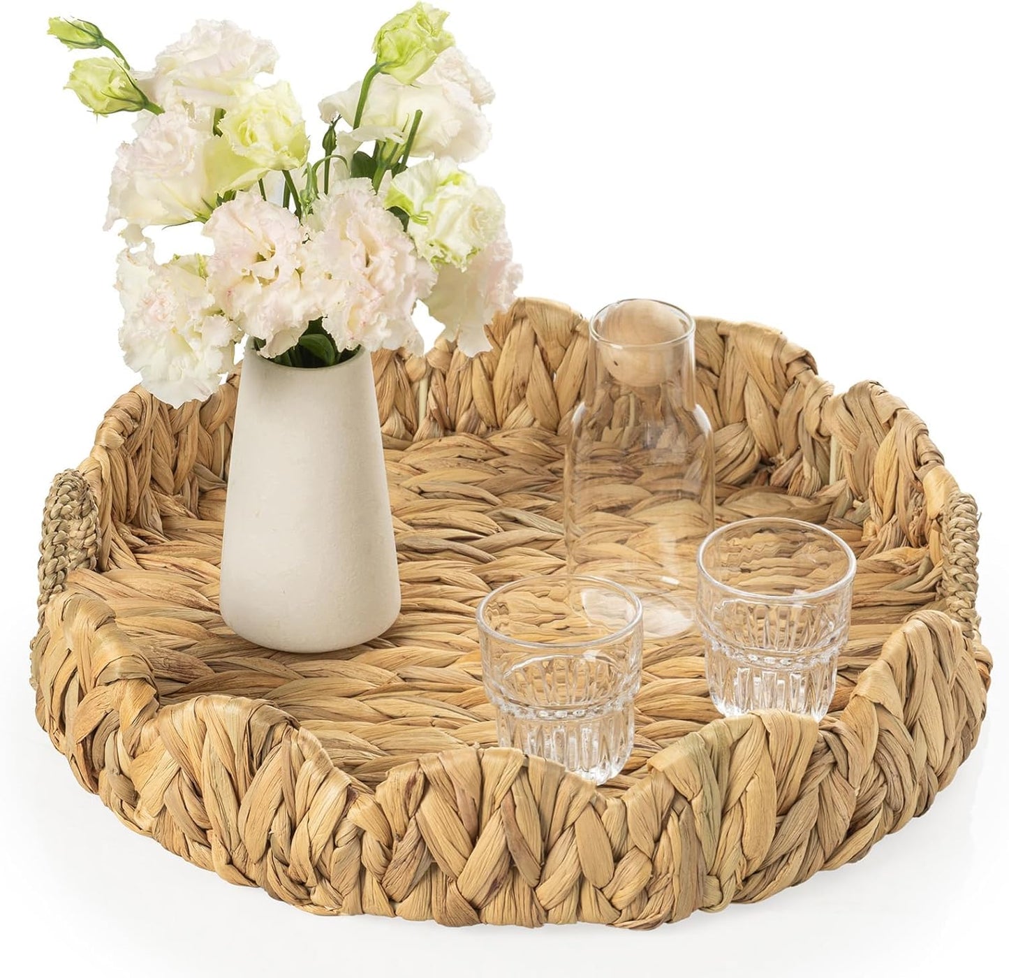 Round Wicker Scalloped Serving Tray with Handles - Seagrass Handwoven Trays,Water Hyacinth Tray for Home Decor and Living Room, Dining Table, Bathroom Organizing, 16.9" L x 16.9" W x 3.5" H