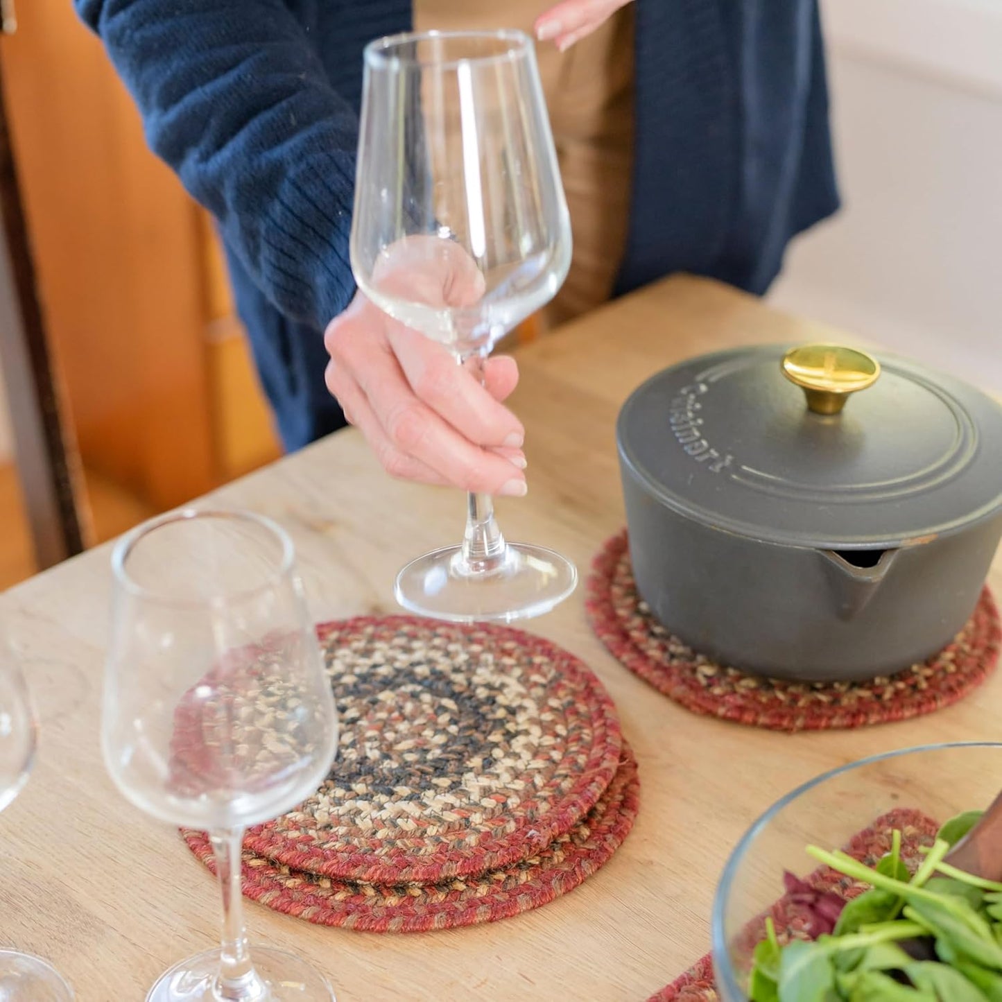 Homespice Chester Jute Braided Trivets for Table, Warm Lodge and Cabin Decor, Set of 3, Red 8" Round Heat Resistant Mats - Rich Colors, Easy to Clean, Durable and Protects Furniture