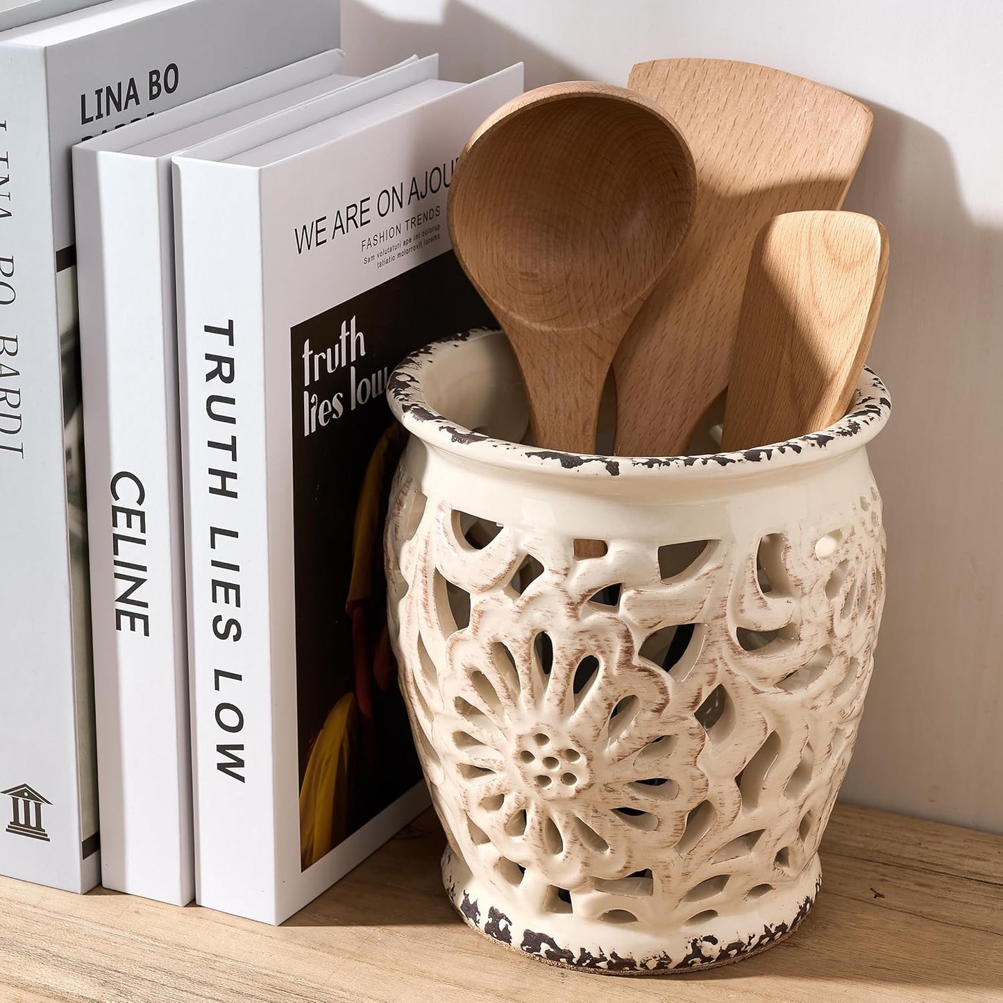 Farmhouse Kitchen Utensil Holder for Kitchen Counter, Ceramic Large Cooking Utensil Crock with Cork Mat, Decorative Rustic Utensil Organizer for Countertop, Spatula, Antique Beige