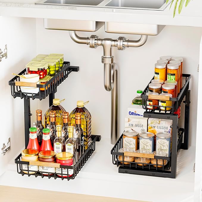 Under Sink Organizers, 2 Tier Pull Out Under Cabinet Organizer，Height Adjustable Pull Out Cabinet Drawers, Metal Sliding Drawer for Kitchen Bathroom Pantry Cabinet Closet Organization Rack，2 Packs