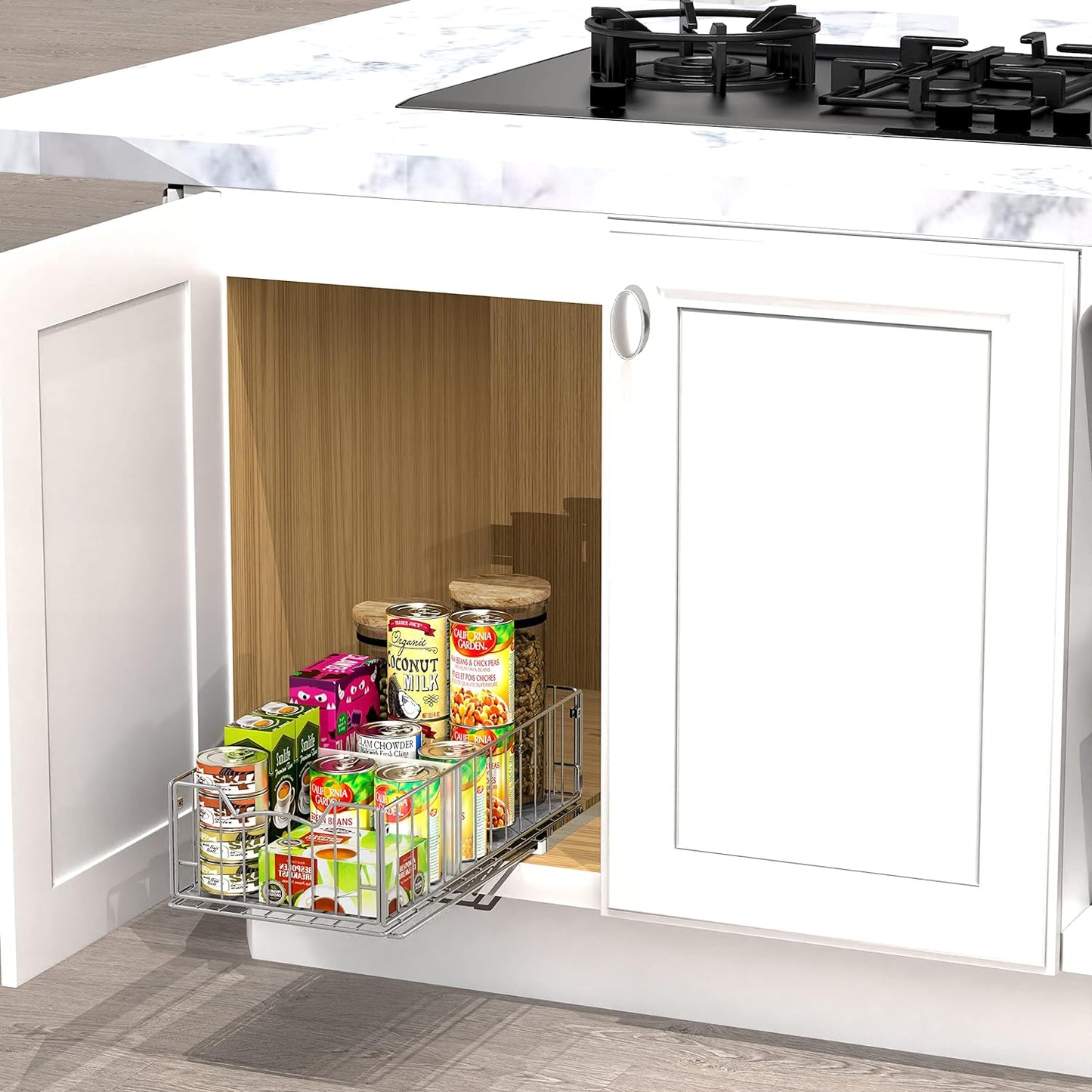 Simple Houseware Pull-Out Cabinet Sliding Basket Organizer, 17.2" D x 9.7" W x 5" H – Chrome Finished, Ideal for Kitchen and Bathroom Cabinet Storage, Under Sink or Pantry Organization