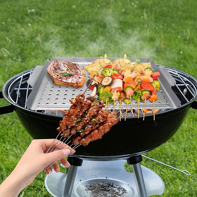 Grill Pan, Nonstick Grill Topper for Outdoor Grilling, Perforated BBQ Tray with Handles for Vegetable, Fish, Meat, Seafood (15x11)