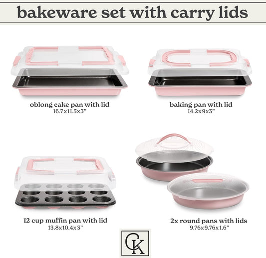 Country Kitchen Baking Pans Set - 10 Piece Non-Stick Cake Pans with Carry Lids for Easy Storage & Travel, Perfect for Parties - Stackable, Pink
