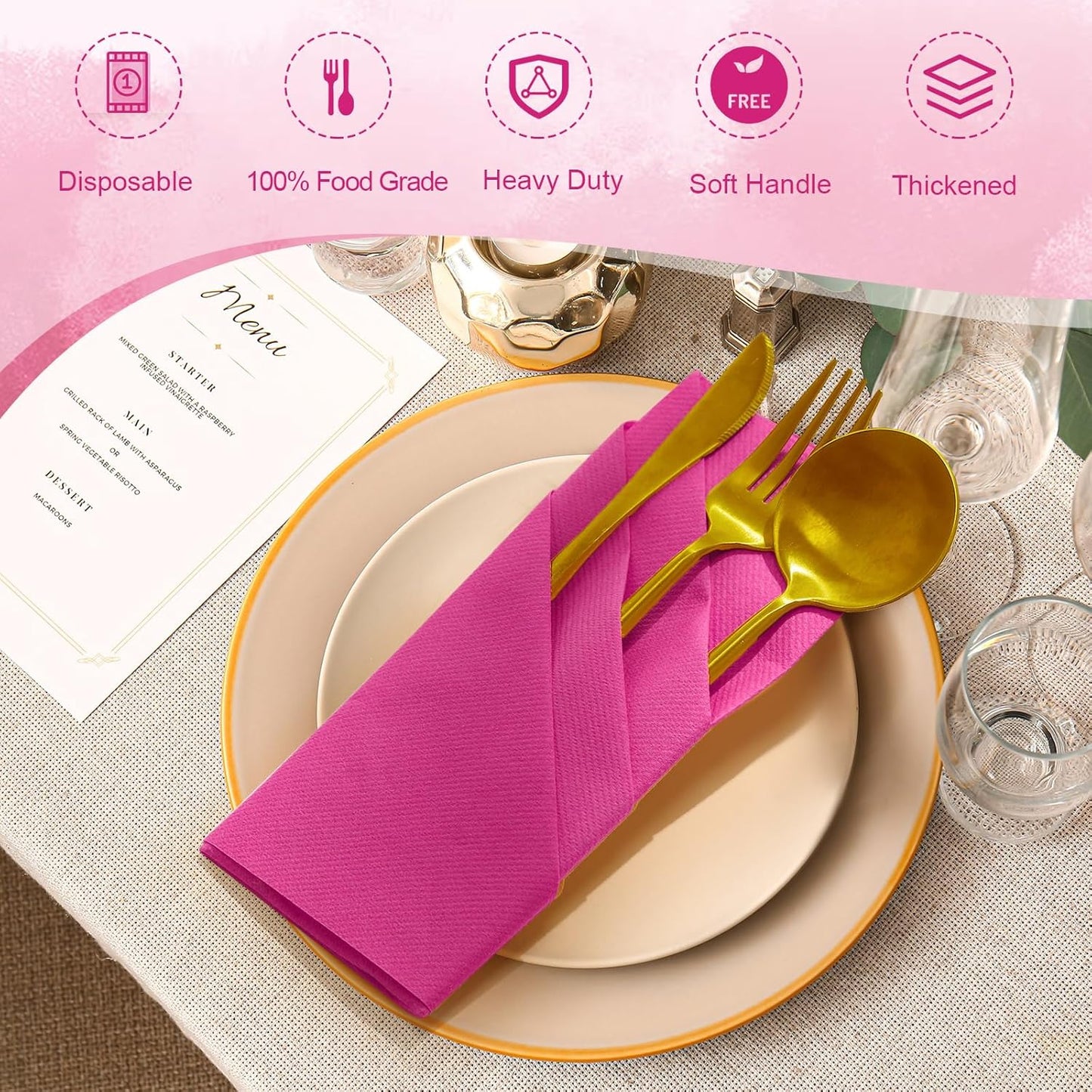 Qilery 50 Pcs Paper Linen Napkins Disposable Airlaid Paper Prefolded Dinner Napkins with Built in Flatware Pocket for Silverware Valentine Wedding Party Christmas Day (Hot Pink)