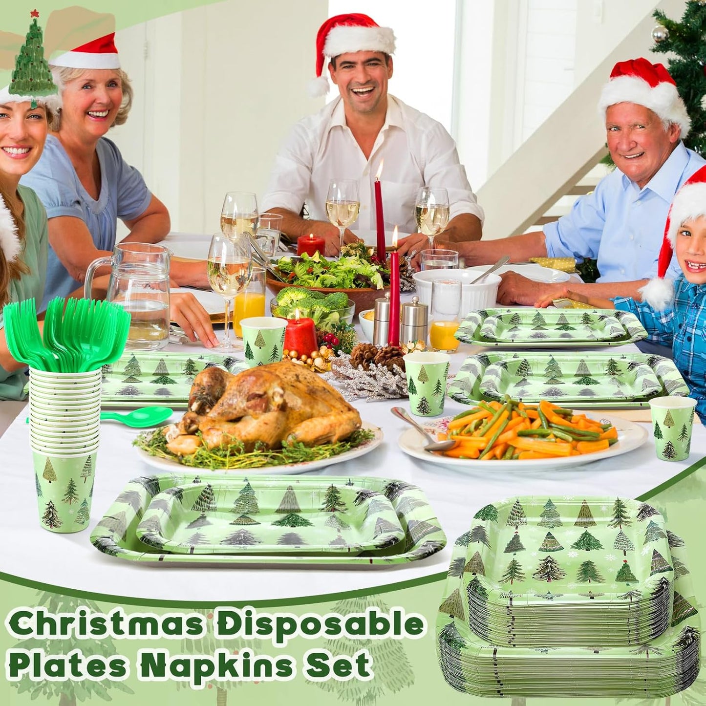 350 Pcs Paper Plates and Napkins Set Disposable Dinnerware Party Supplies Tableware Serve 50 Guest Cups Knife Forks Spoon(Green,Christmas Tree)