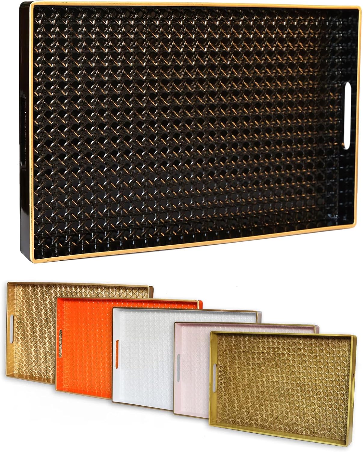 Black Decorative Coffee Table Tray, Rectangular Plastic Serving Tray with Handles for Living Room, Ottoman, Bathroom, 15.7"*10.2"