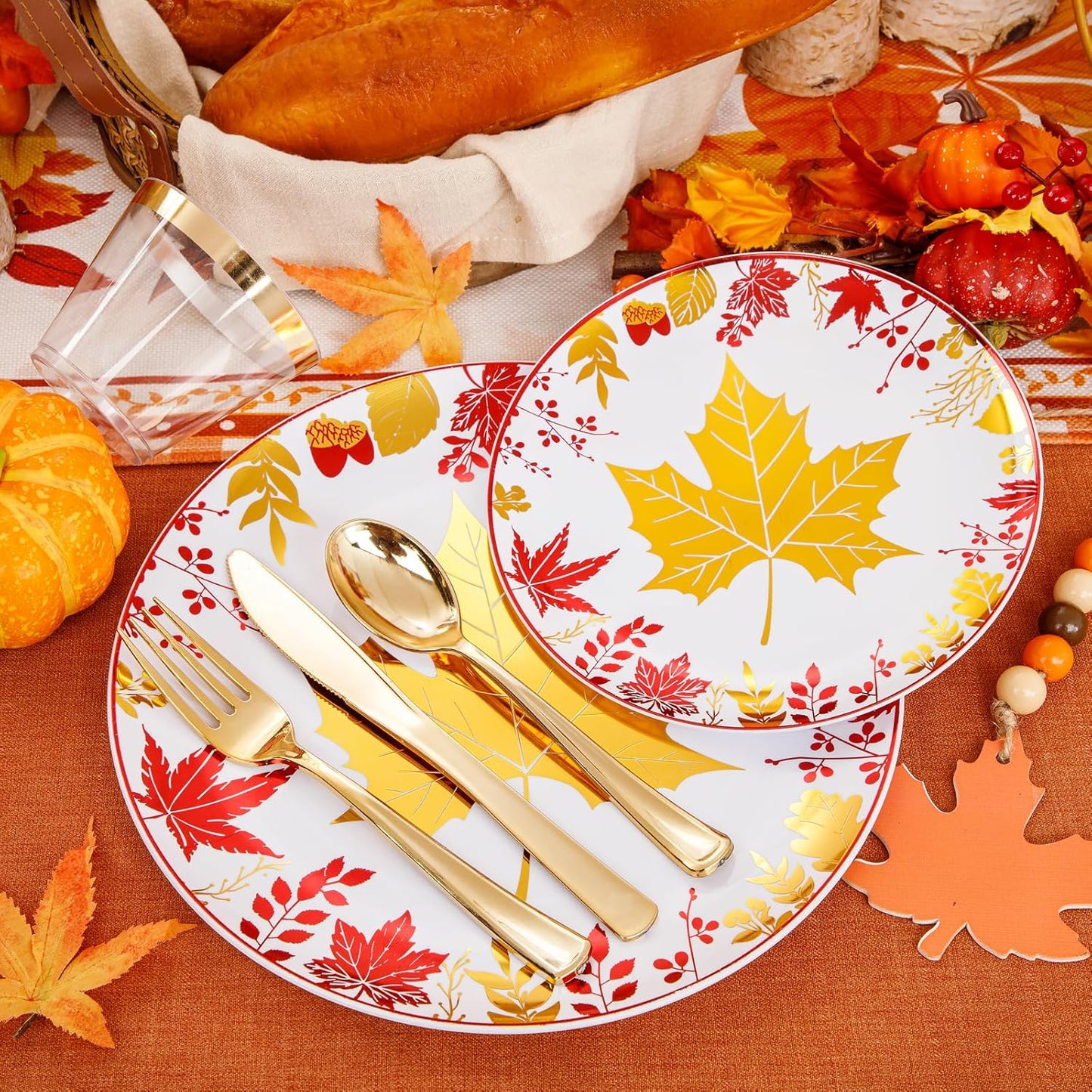 KIRE 150PCS Thanksgiving Plates Dinnerware Maple Leaves - Plastic Thanksgiving Plates with Gold Silverware Include 25Dinner 25Salad 25Forks 25Knives 25Spoons 25Gold Cups