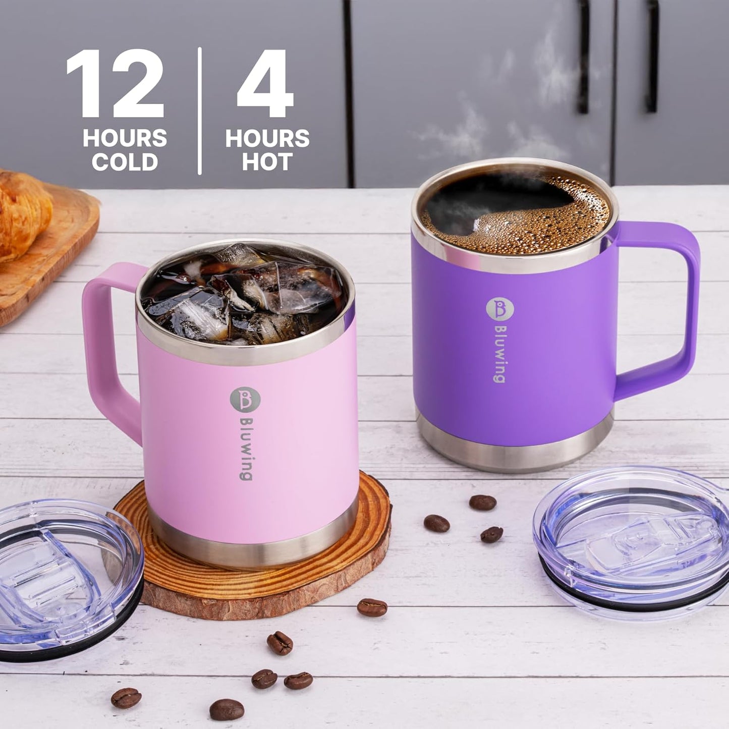 Insulated Coffee Mug with Lid, 12 oz Travel Coffee mug with handle Double Wall Stainless Steel Travel Tumbler Cup, Spill Proof (Purple)