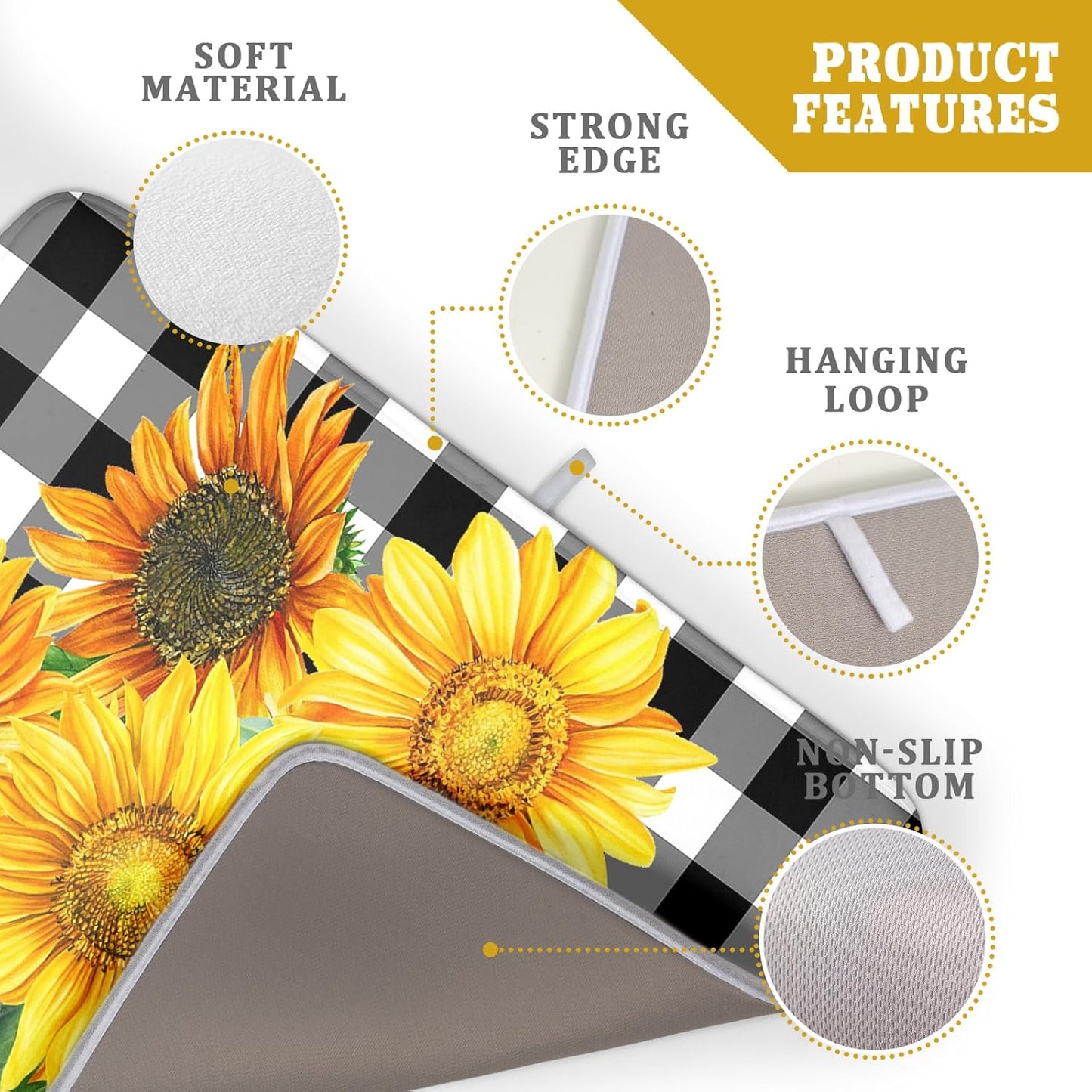 Sunflower Drying Mats for Kitchen Counter 18×24 Inch Black and White Buffalo Plaid Sunflower Large Drying Mat for Dishes Microfiber Dish mat Rack Mat Drainer Pad Washable Absorbent Dry Mat