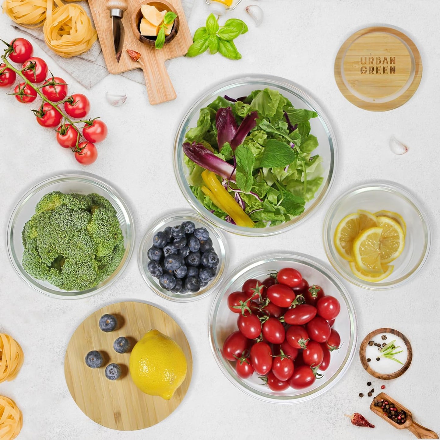 Urban Green Glass Food Container with Bamboo Lid, Airtight food storage Containers set, Glass Meal Prep Containers Set of 5, Dishwasher & Oven Safe