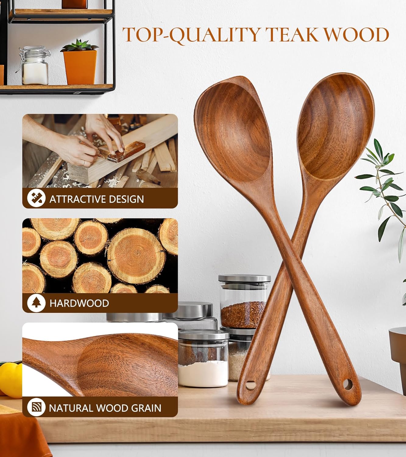 2Pcs Wooden Spoons for Cooking, Natural Premium Teak Wood Spoon & Corner Spoon, Good Grip Large Cooking Spoons Spatula, Heat Resistant Wooden Kitchen Cooking Utensils Set for Nonstick Cookware