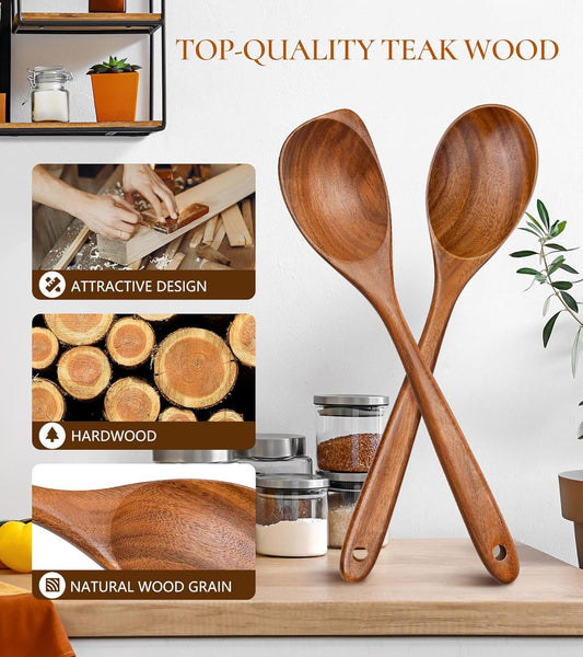 2Pcs Wooden Spoons for Cooking, Natural Premium Teak Wood Spoon & Corner Spoon, Good Grip Large Cooking Spoons Spatula, Heat Resistant Wooden Kitchen Cooking Utensils Set for Nonstick Cookware