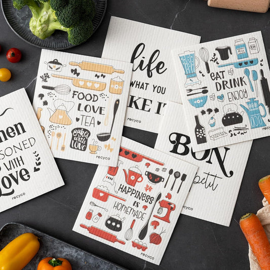 RECYCO Swedish Dishcloths for Kitchen | 6 Pack Kitchens Love Washable Dish Rags | Cellulose Reusable Cleaning Paper Towels | Absorbent Counter Dish Cloth Sponge Kitchen Wipes, 8" L x 7" W