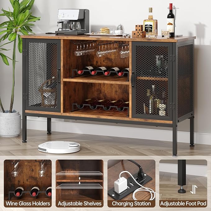 Upgraded Wine Bar Cabinet with Back Panel, Liquor Cabinet with LED Lights & Power Outlets, Adjustable Shelves, Glass Holders & Storage, Coffee Station for Kitchen/Home, Rustic Brown