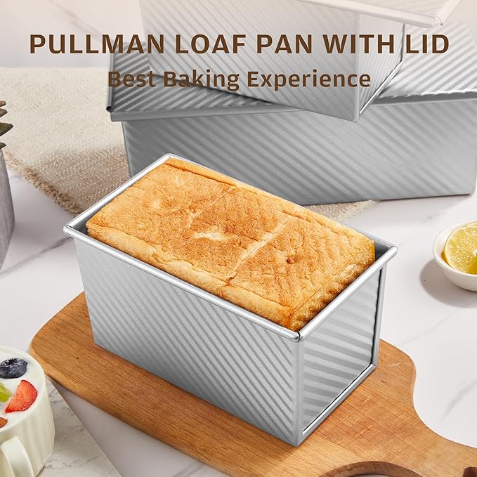KITESSENSU Pullman Loaf Pan with Lid, 1 lb Dough Capacity Non-Stick Bakeware for Baking Bread, Carbon Steel Corrugated Bread Toast Box Mold with Cover for Baking Bread, Silver