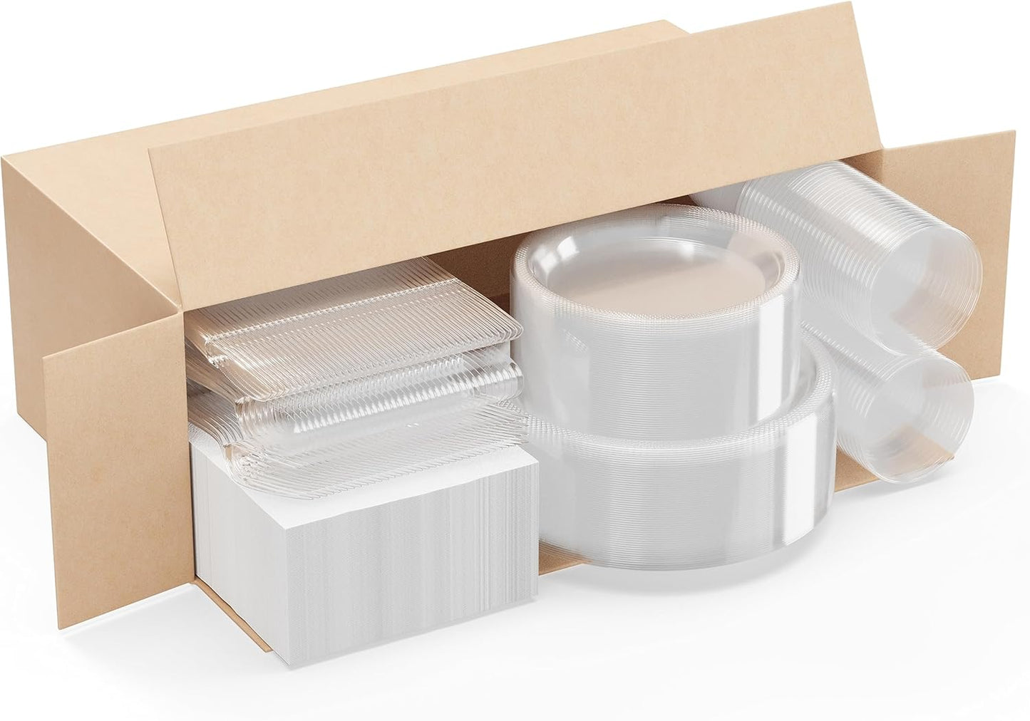 Party Solids 350 Pieces Clear Plastic Plates For Party, Clear Disposable Plates Set, 50 Of Each 9" Dinner Plate Set, 7" Dessert Plate, Cups, Napkins & Cutlery Plastic Dinnerware