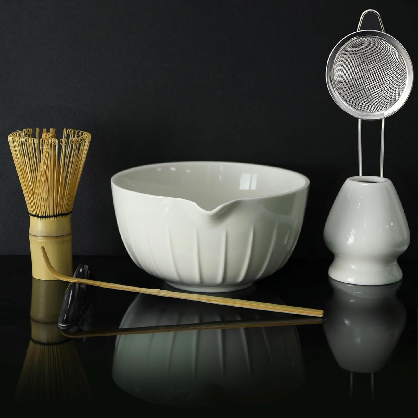 Matcha Whisk Set 7 Pcs - Ceramic Matcha Set with Bowl, Whisk, Holder, Bamboo Scoop, Rest, Sifter, and Tea Towel – Elegant Matcha Kit Gift for Women