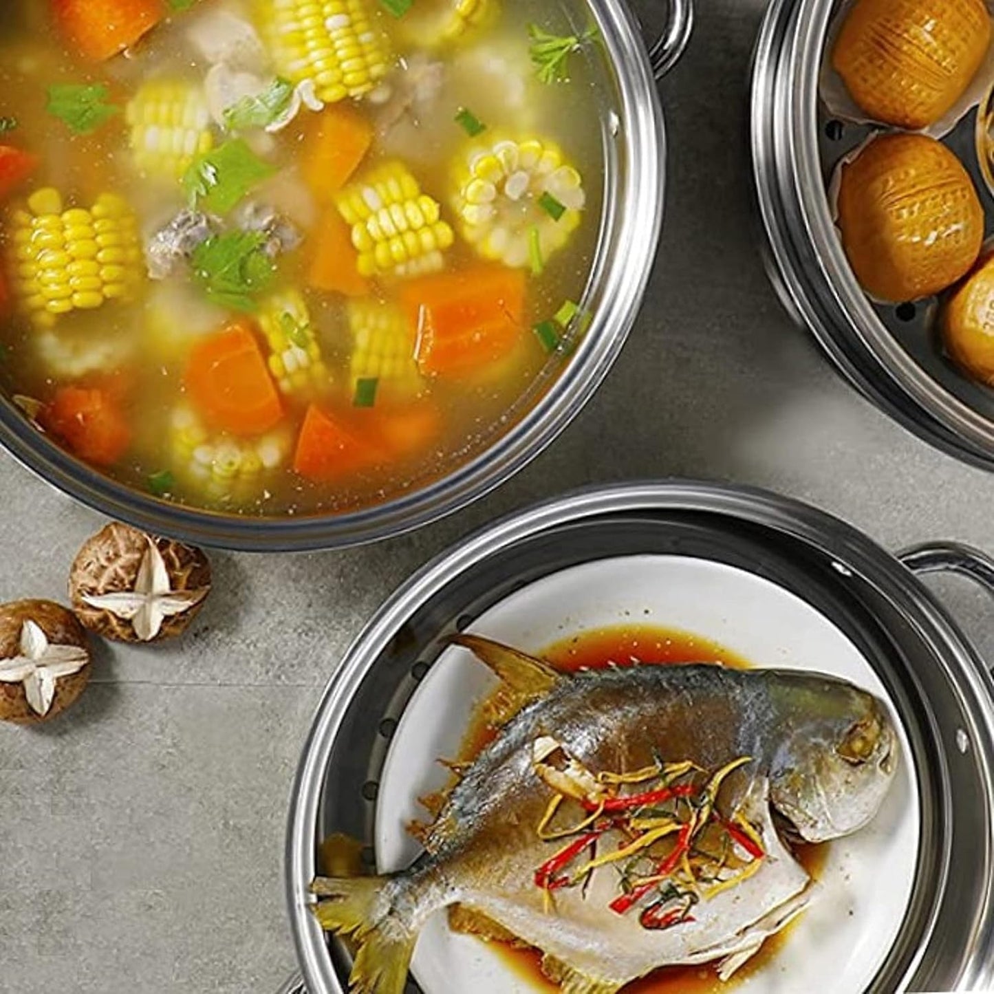 TrueCraftware- 11 1/2" x 14 1/2" Aluminum 3 Tier Steamer Set 1/8” hole size- Steamer for Cooking Pot Food Steam Pots with Lid for Cooking Vegetables Seafood Soups Stews and Pasta