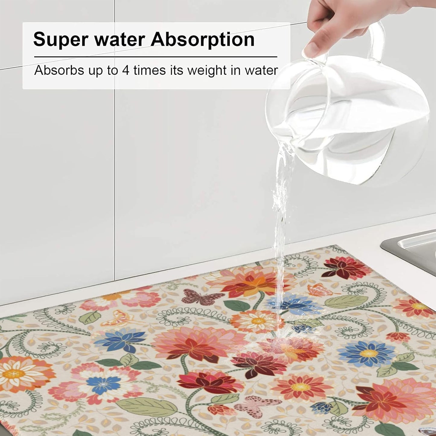 Mandala Flowers Dish Drying Mat 16x18 Inch, Microfiber Absorbent Fast Dry Mat Colorful Floral Large Dish Mat Drying Kitchen Mat, Kitchen Drying Pad for Kitchen Counter Coffee Bar Decor Gifts