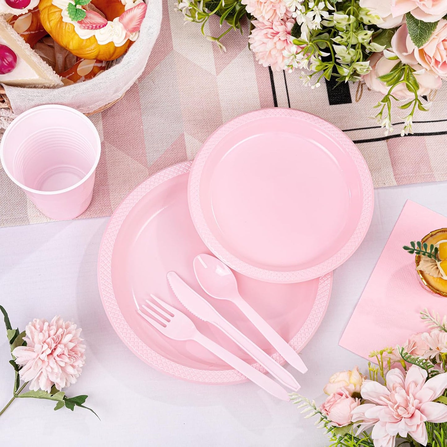 WELLIFE 210 Pieces Pink Party Supplies, Disposable Dinnerware Set, Including Pink Plastic Plates, 16OZ Cups, Plastic Cutlery and Napkins Serve 30 Guests for Party