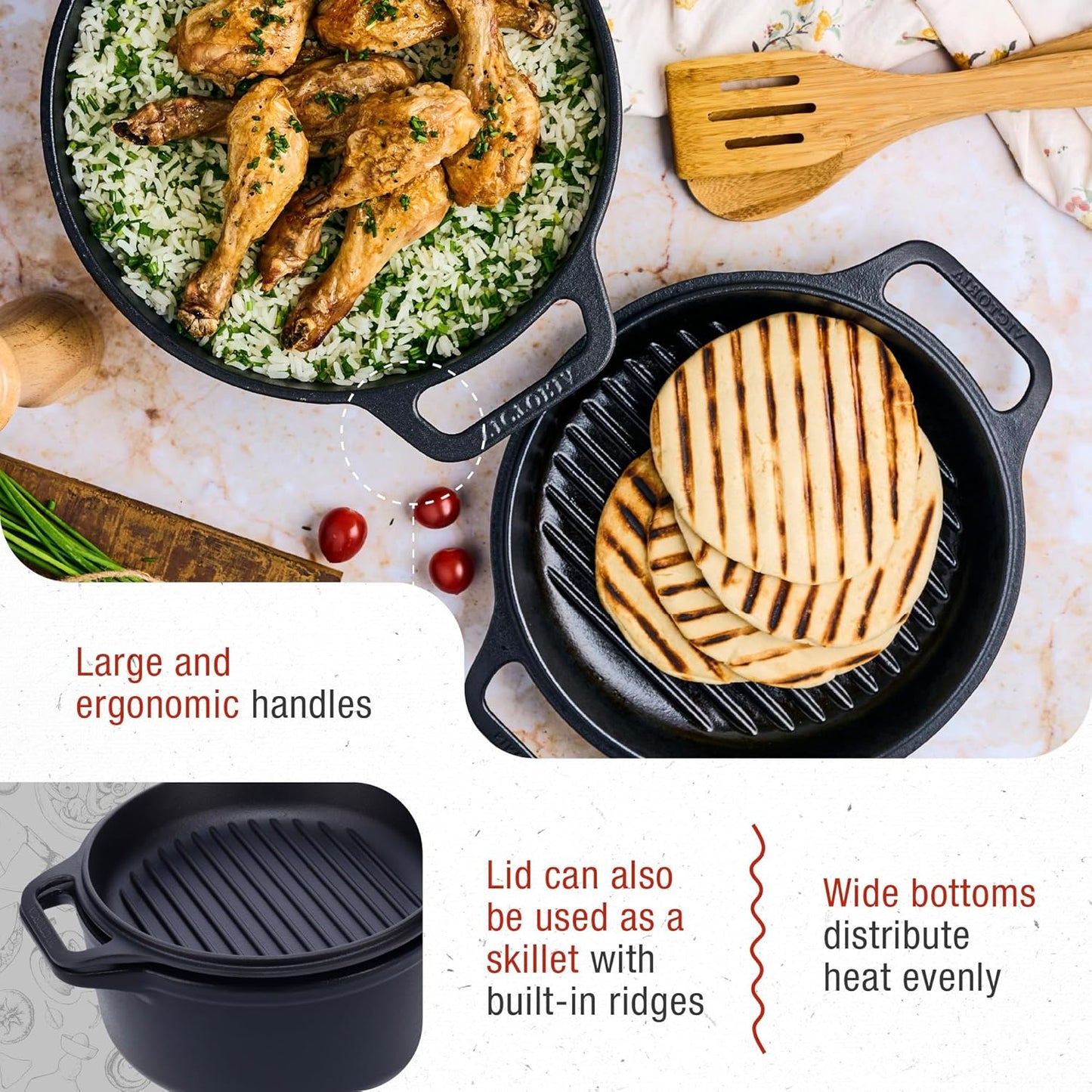 Victoria 6-Quart Cast Iron Combo Cooker, Combination Dutch Oven and Skillet, Made in Colombia, 2-Piece Set