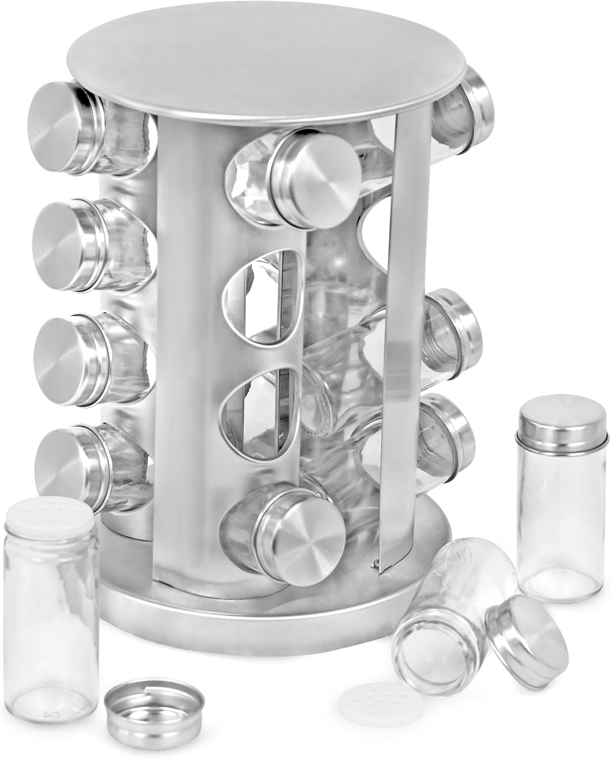 Internet's Best Revolving Spice Tower | Round Spice Rack | Set of 16 Spice Jars | Seasoning Storage Organization | Stainless Steel