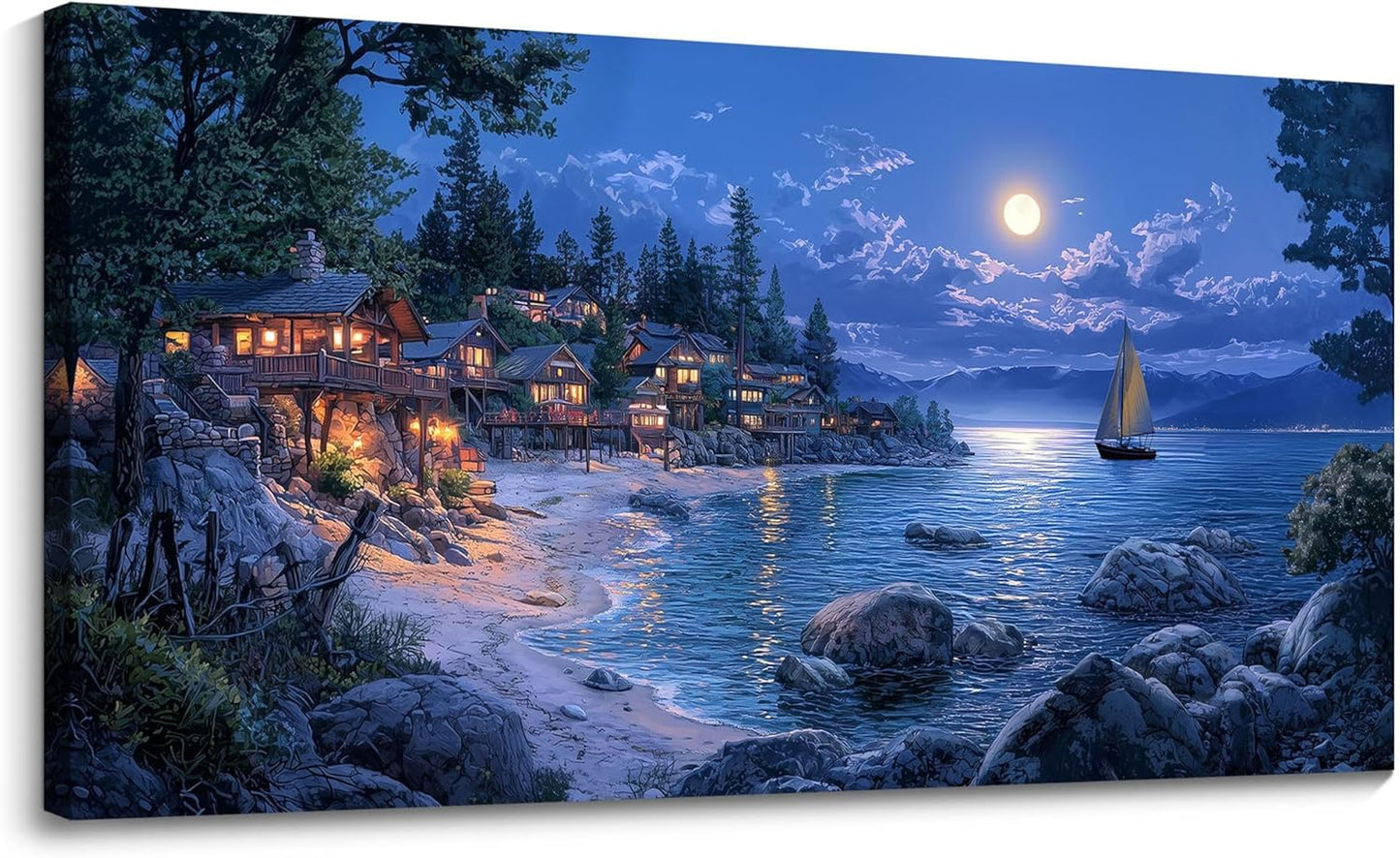 CHATYOUNG Beach Canvas Wall Art - Large 24x48 IN Dark Blue Ocean Town Calm Night View Moon Pictures Canvas Print Coastal Wall Paintings for Bedroom Living Room Kitchen Home Office Decor