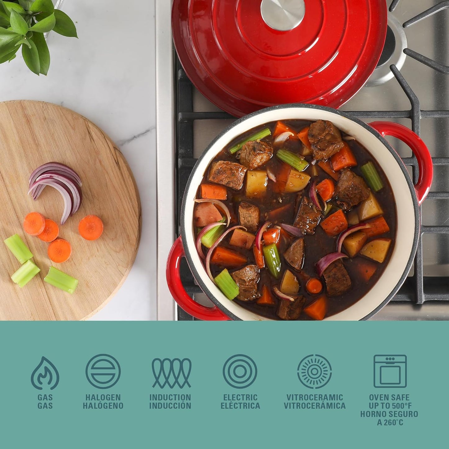 Gibson Home Addlestone 5-Quart Red Enamel Cast Iron Dutch Oven with Lid and Dual Handles – Durable Round Cooking Pot