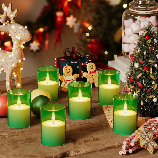 6Pack Flickering Flameless LED Candles with Timer, Battery Powered - Small Pillar & Votive, Green (2"X3")