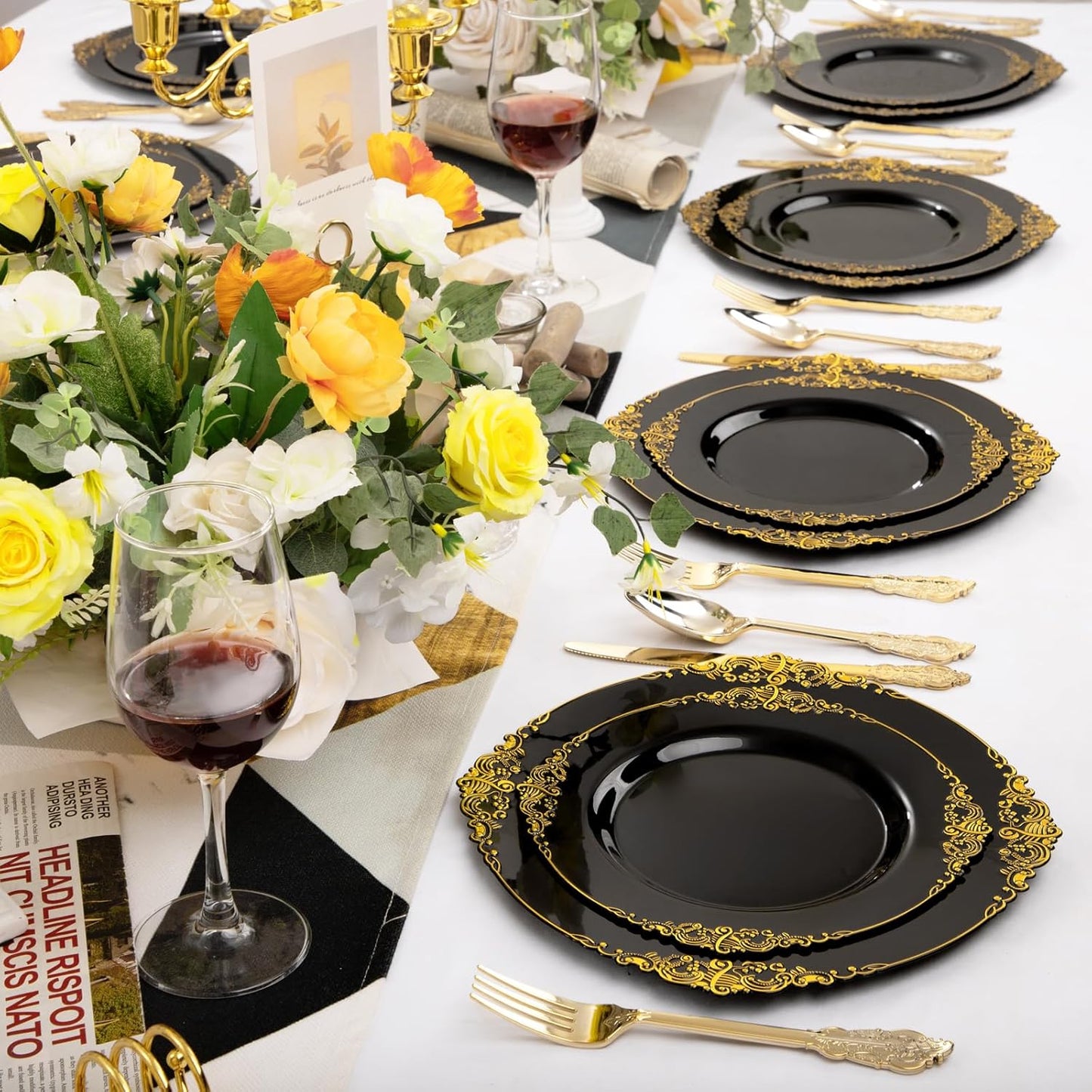 102PCS Black and Gold Plastic Plates - Black Disposable Plates - Heavyweight Disposable Plate with Gold Rim - Fancy Dinner & Dessert Plate for 51 Guests Weddings & Halloween Party