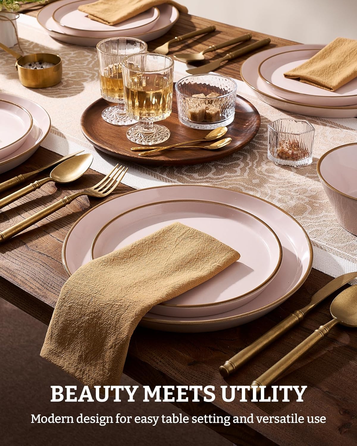 Famiware Saturn Dinnerware Sets, Plates and Bowls Sets for 4, 12 Pieces Stoneware Dish Set - Chip and Scratch Resistant, Microwave and Dishwasher Safe Tableware Set, Light Pink with Rim