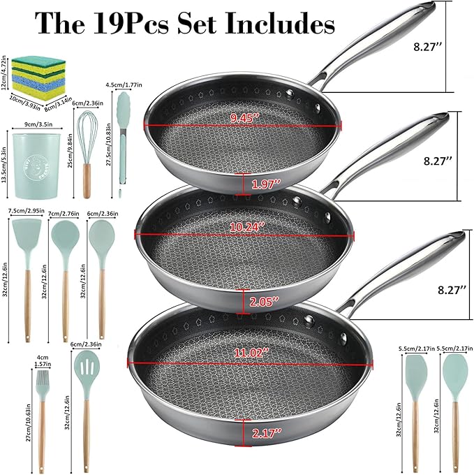 Vivicreate 19-Piece Tri-ply Stainless Steel Frying Pan Set Skillets cookware set with Kitchen Utensils 9.5 10.25 11.02 Inch Pan sets sartenes de acero inoxidable
