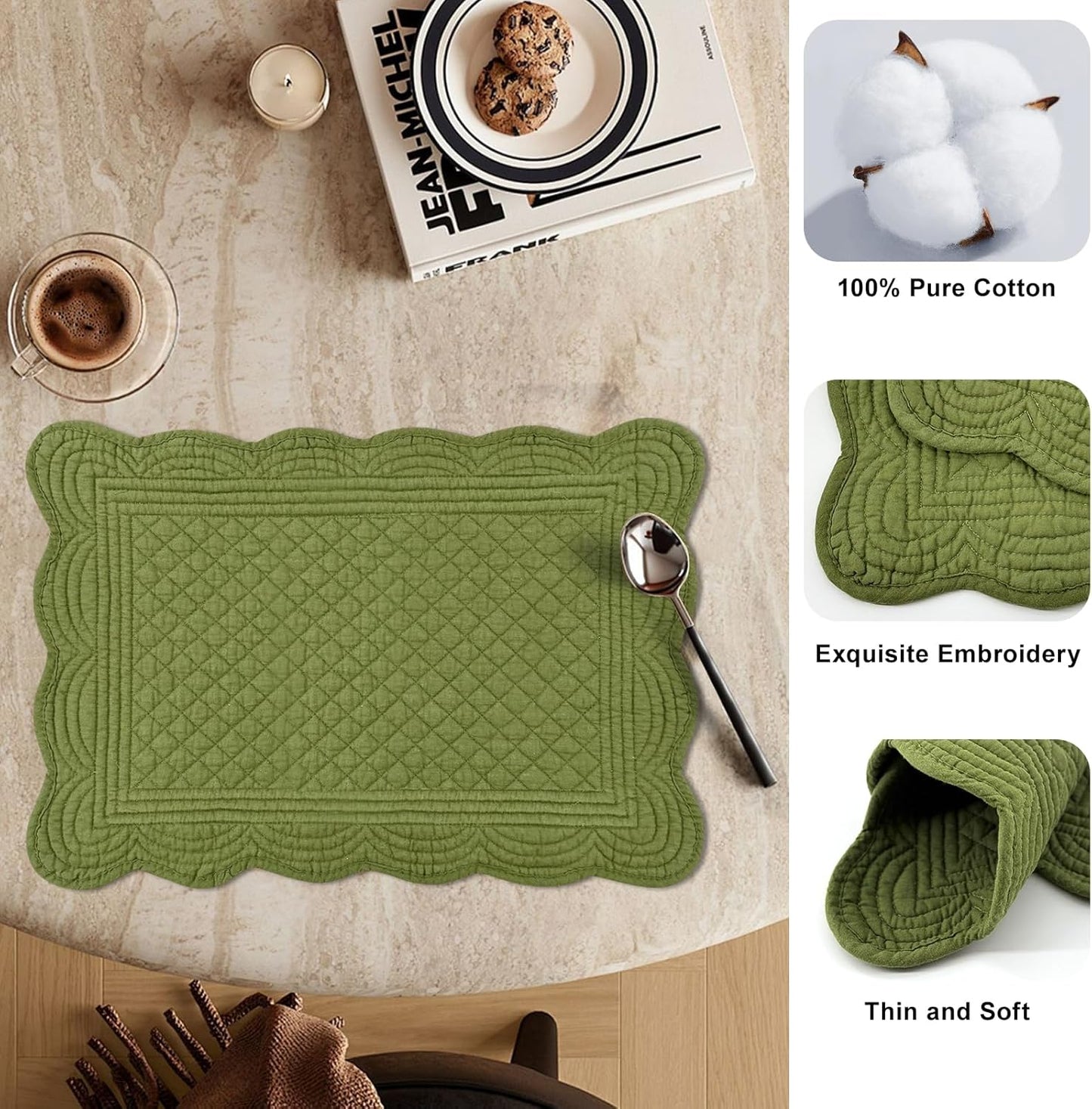 6 PC Quilted Placemats, 18"X13"Extra Large Cotton Placemats Set of 6, 100% Cotton Fabric Washable Cloth Table Mats for Kitchen & Dining Table - Soft &Easy Clean(Olive Green, Rectangular)