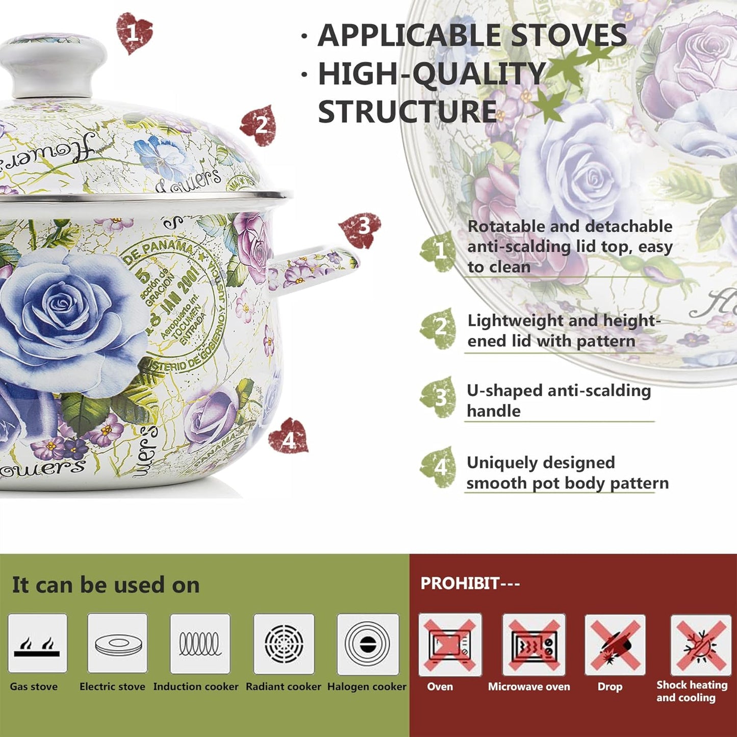 Retro Flower Enamel Stockpot with Lid,Stockpots for Cooking (5L-Blue Rose)