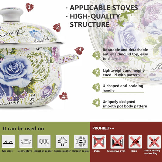 Retro Flower Enamel Stockpot with Lid,Stockpots for Cooking (5L-Blue Rose)