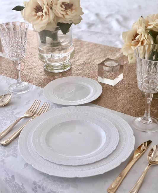 " OCCASIONS " 200pcs set (25 Guests)-Extra Heavyweight Vintage Wedding Disposable/Reusable Plastic Plates -25x 11'' + 25x 8.25''+Silverware+Cups+Napkins (Chateau Collection in Light Gray)