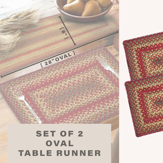 Homespice Cider Barn Jute Braided Table Runner Set of 2-8x28, Oval, Red - Rich Colors, Easy to Clean, Durable and Protects Furniture