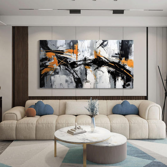Black Abstract Canvas Wall Art Elegant and Modern Orange Wall Art for Living Room - Canvas Wall Decor for Office and Home - Large Framed Artwork for Walls , White, Gray and Unique Orange Accents 48×24in