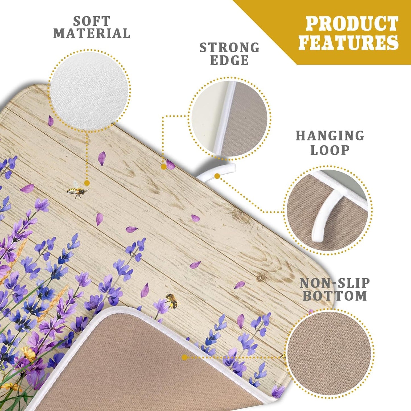 Lavender Floral Dish Drying Mat 16x18 inch Spring Summer Flower Decorative Fast Dry Dishes Drainer Mats Reversible Washable Dish Rack Pad