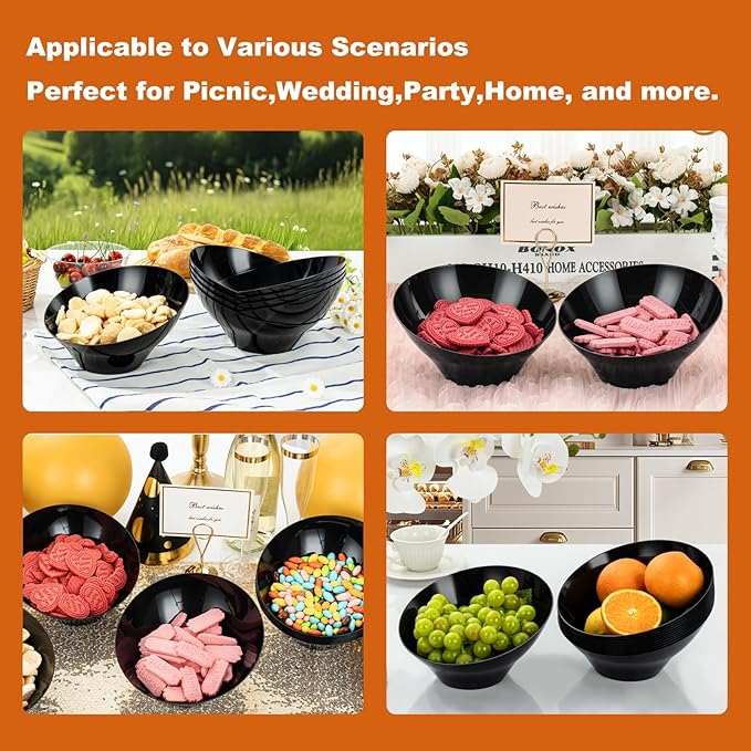 Goodluck 5 Pack Black Plastic Serving Bowls for Party - 20 OZ Angled Disposable Serving Bowls for Wedding Party Chip, Candy, Salad & Fruit