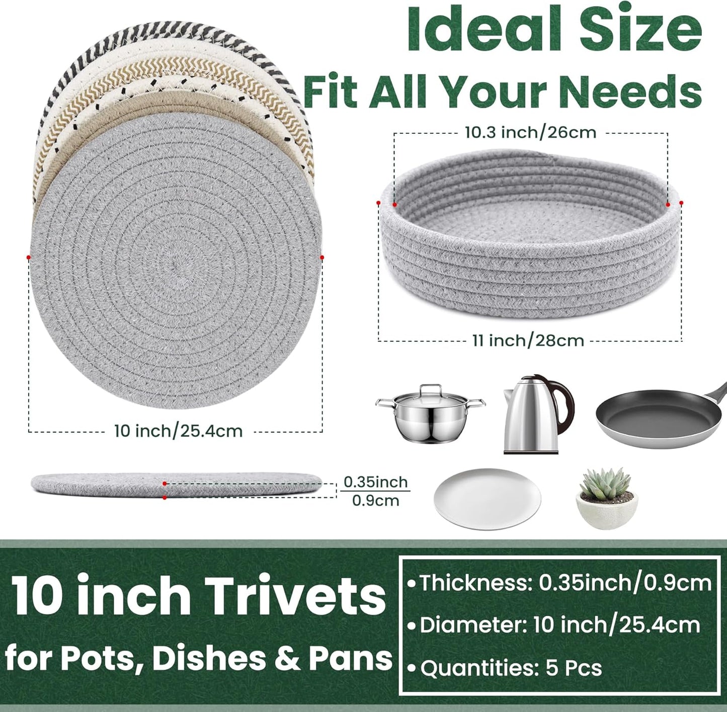 10 Inch Trivets for Hot Dishes, Hot Pots and Pans, Extra Large Thick Heat Resistant Large Coaster, Hot Pads, Kitchen Essentials, Pot Holders for Countertop with Storage Basket, 5 Pcs