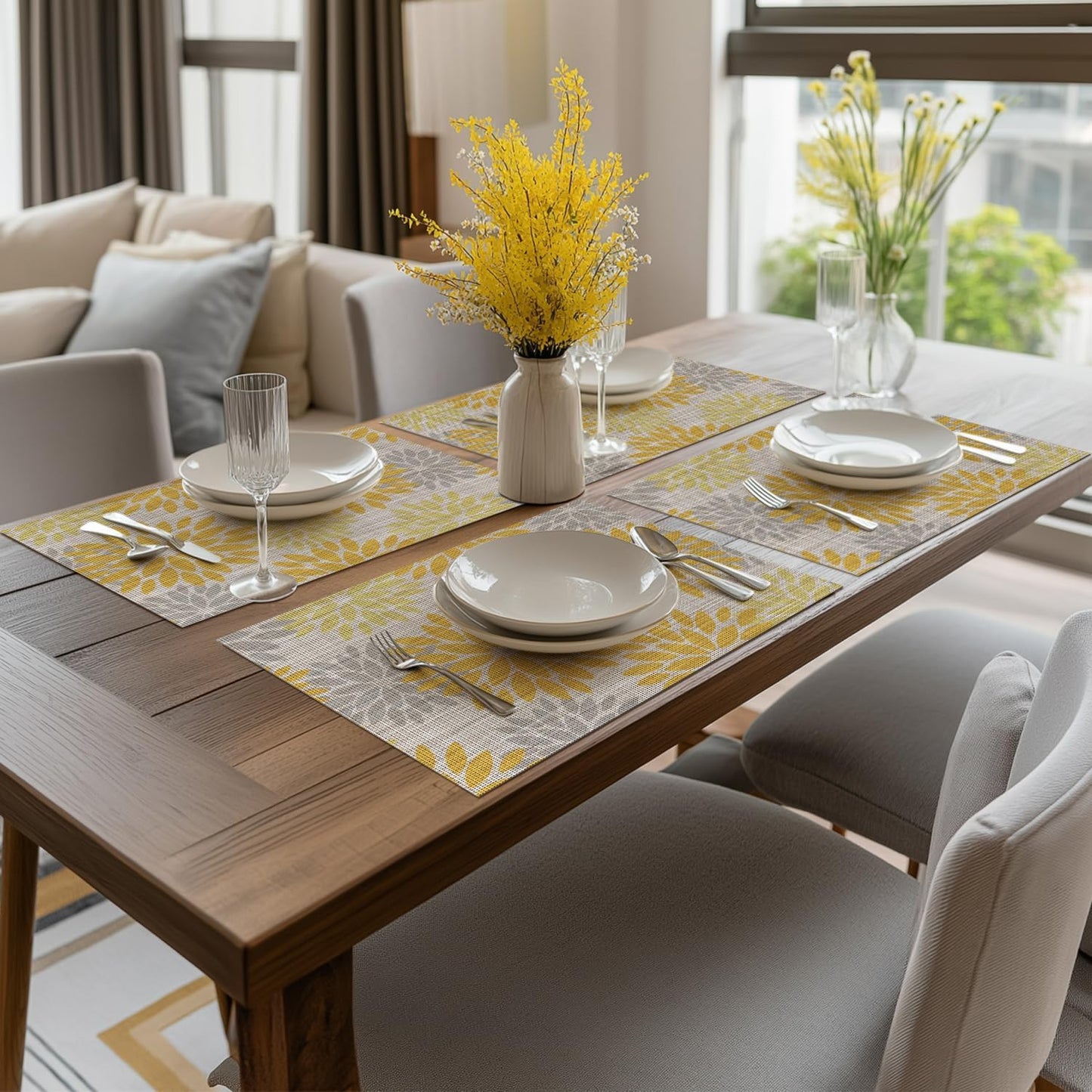 Artoid Mode Floral Plastic Placemats Set of 4, 12x18 Inch Washable Non-Slip Plastic Vinyl Place Mats for Party Kitchen Dining Decor, Yellow