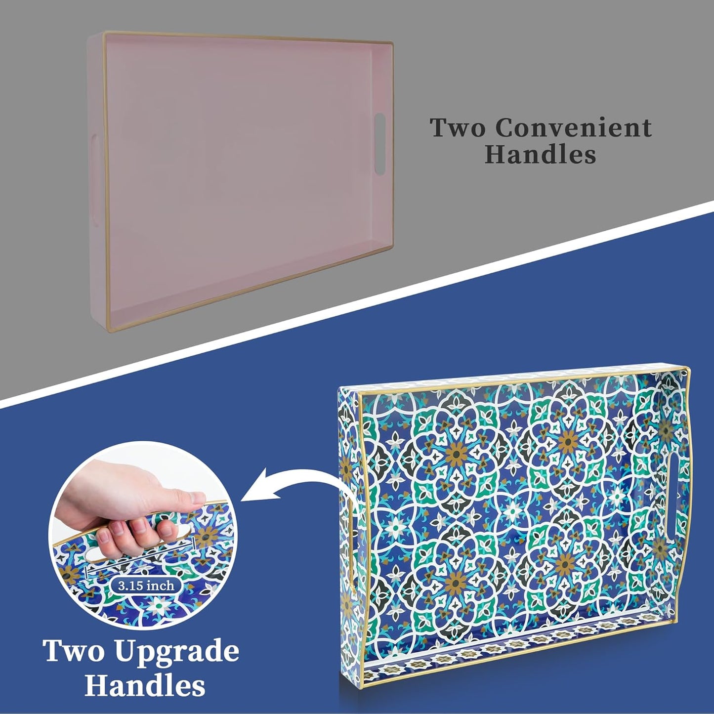 Gifturbo Serving Tray with Two Handles,Decorative Tray for Coffee Table, Plastic Rectangular Durable Serving Trays for Living Room, Bathroom, Outdoors, Blue