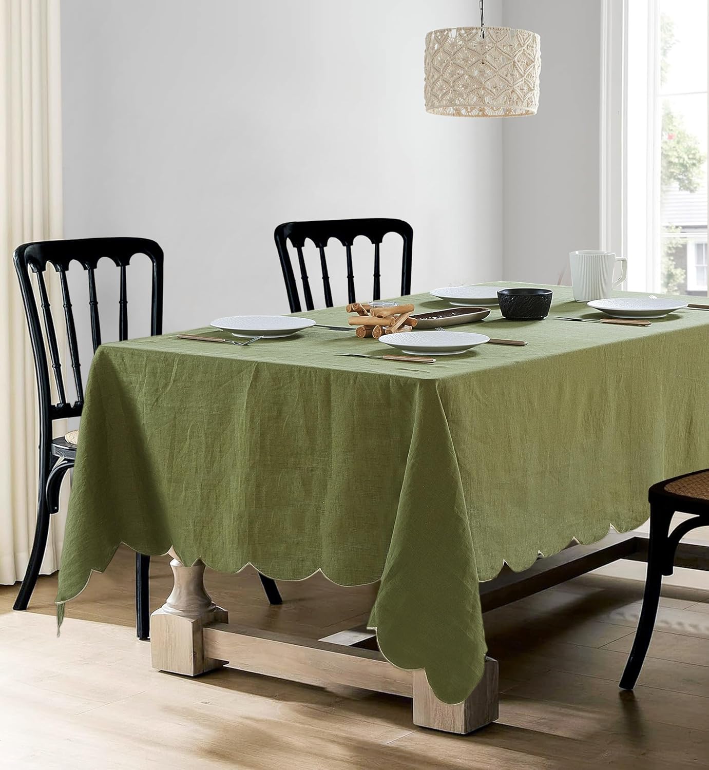 100% French Flax Linen Tablecloths Scalloped Embroidery Rectangle 108Lx60W Inch for Dinners, Parties, Spring, Machine Washable, 8-10 Sets, Olive Green(Edges-Gold)