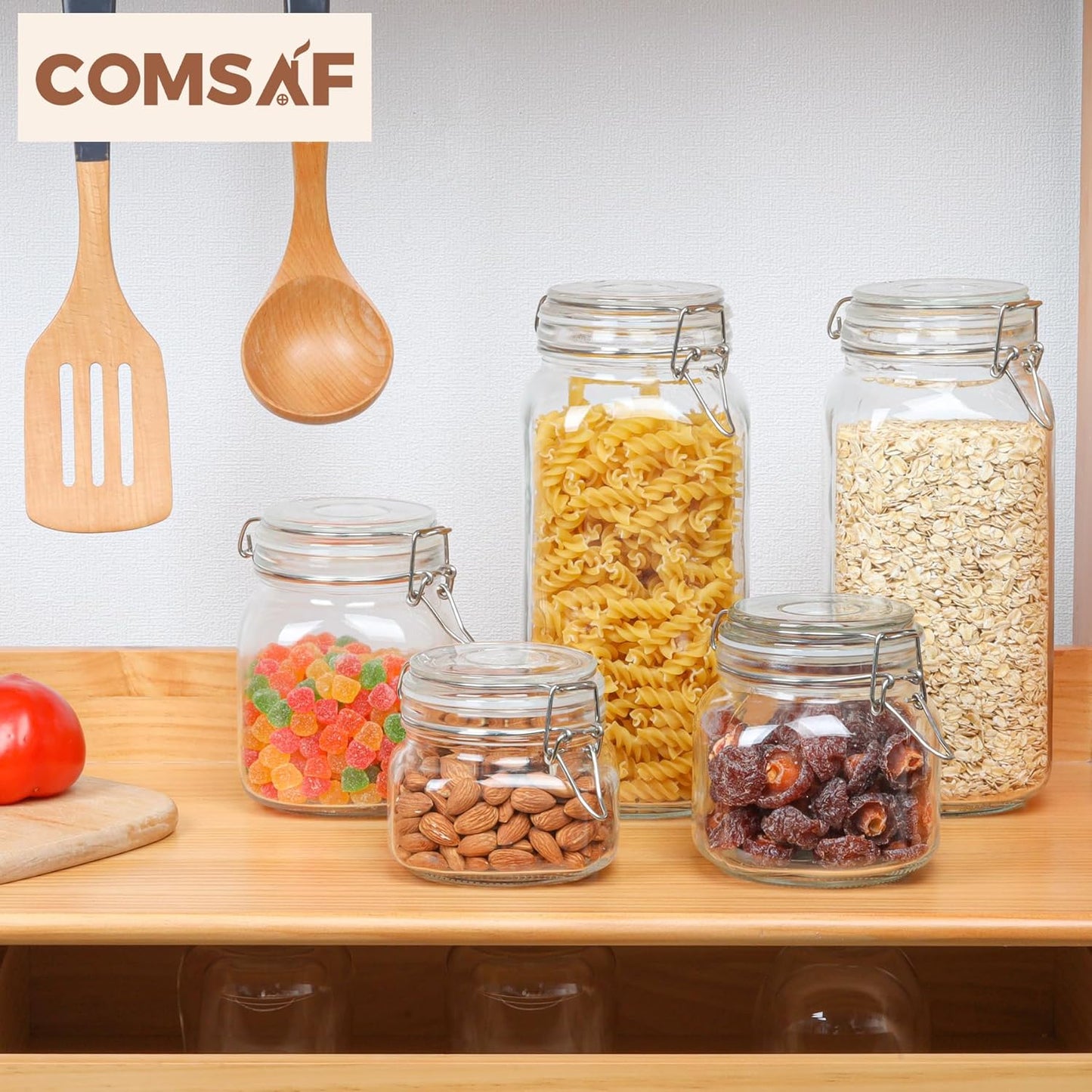 ComSaf Airtight Glass Jars with Lids 78oz Set of 3, Food Storage Canister Square - Storage Container with Clear Preserving Seal Wire Clip Fastening for Kitchen Canning Flour, Cereal, Pasta, Beans