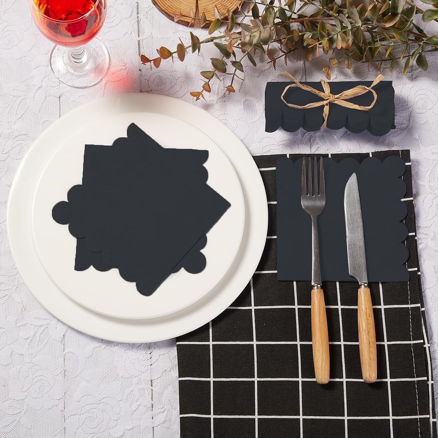 100 Pack Cocktail Napkin 2-Ply Scalloped Edged Dessert Napkins Folded 5 x 5 Inches Disposable Napkins for Dinner Wedding Birthday Party Bridal Anniversary Reception Event (Black)