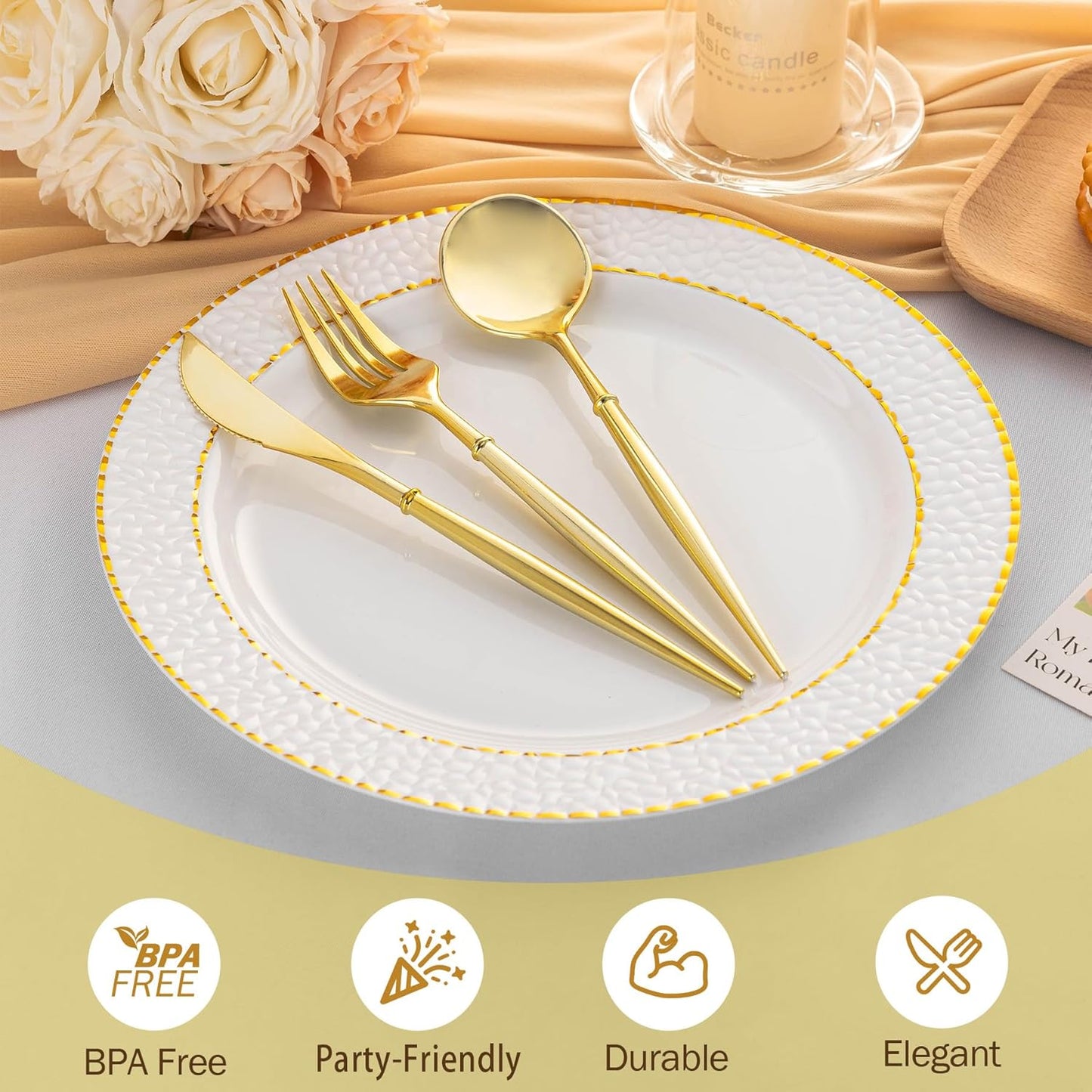 N9R 90PCS Gold Plastic Silverware, Gold Disposable Utensils, Gold Silverware Disposable, Disposable Cutlery includes: 30 Knives, 30 Forks, and 30 Spoons for Party, Birthday, Wedding